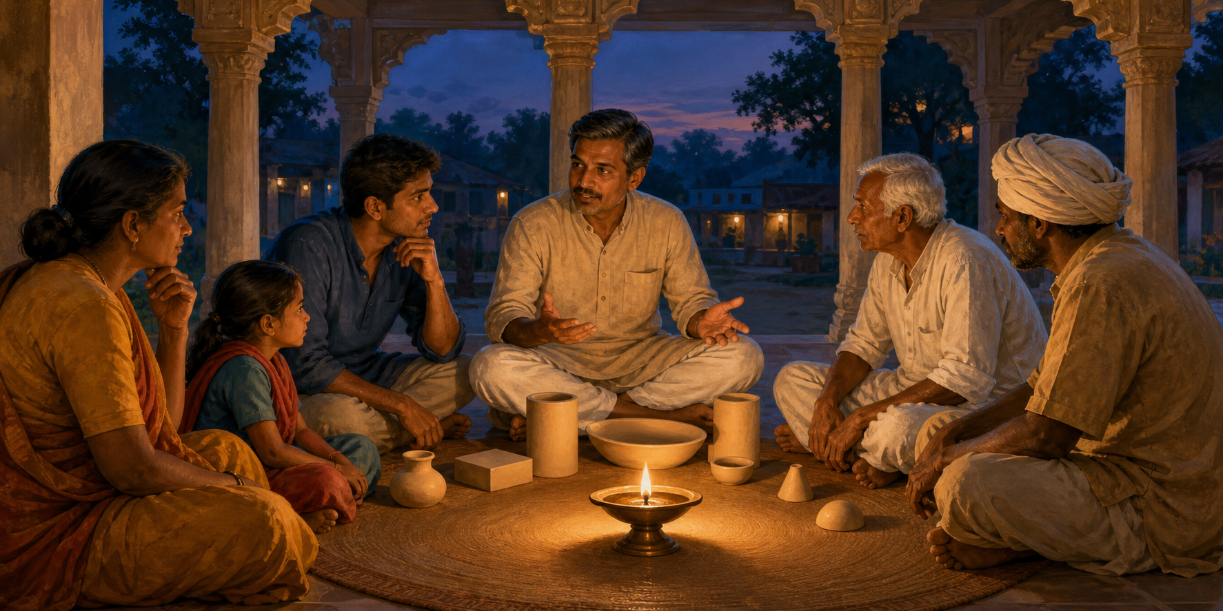 A decision-maker sits in a circle with community members around an oil lamp in an open pillared hall.