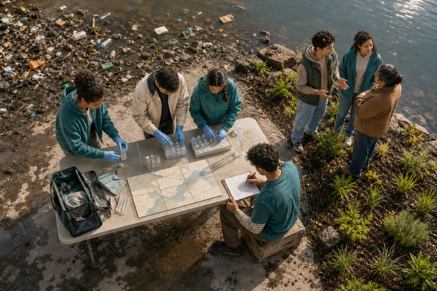 Young volunteers beside an urban lake organize testing tools and cleanup supplies while speaking with nearby residents.