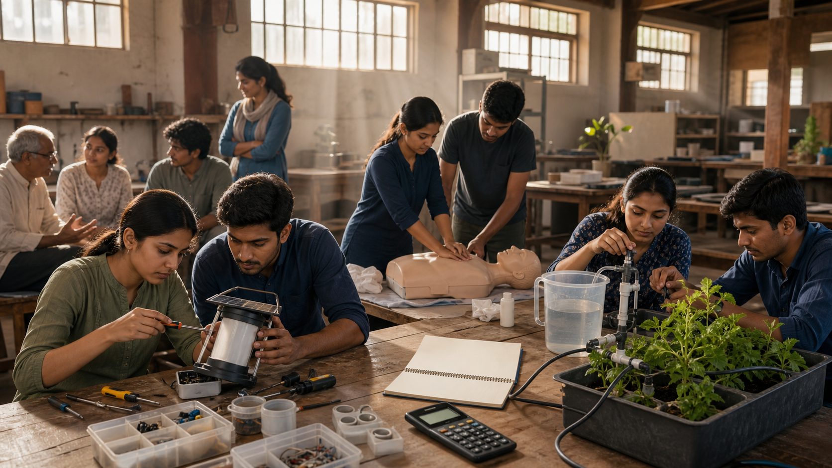 Young adults in a community workshop practice solar-lantern repair, first aid, irrigation prototyping, and communication skills.