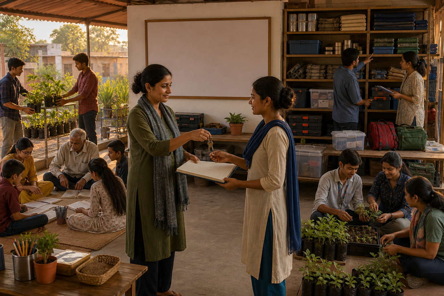 A young volunteer hands keys and an unlabeled ledger to a local coordinator as independent teams run a learning center, nursery, and supply station.