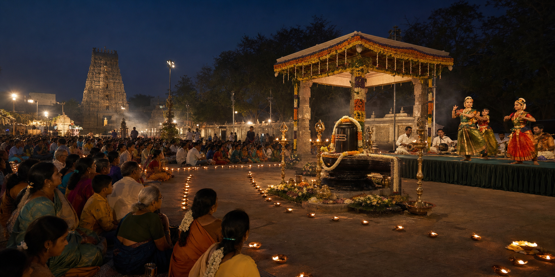 Devotees attend an evening Mahashivaratri cultural programme near a Shiva shrine and a South Indian temple tower in Tirupati.