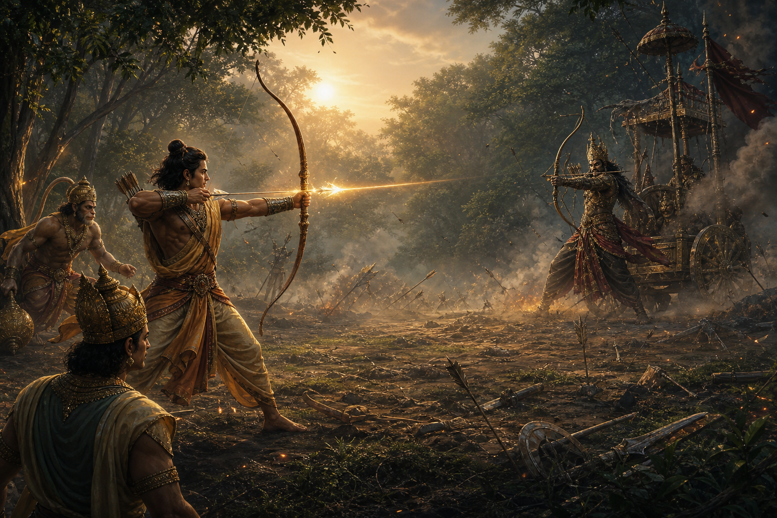 Lakshmana releases a luminous arrow toward Indrajit during their forest battlefield duel, while Vibhishana and Hanuman watch from the sides.