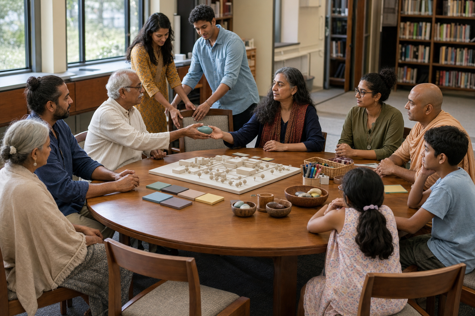 A diverse inter-community group listens and makes practical decisions around a round table in a public meeting room.