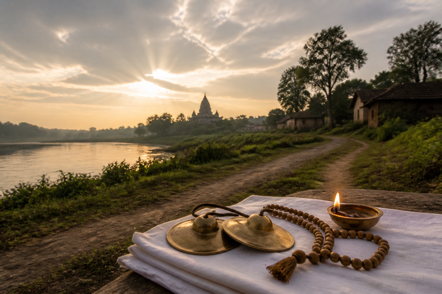 Brass hand cymbals, tulsi beads, and an oil lamp rest beside a river as morning light rises beyond a distant temple.