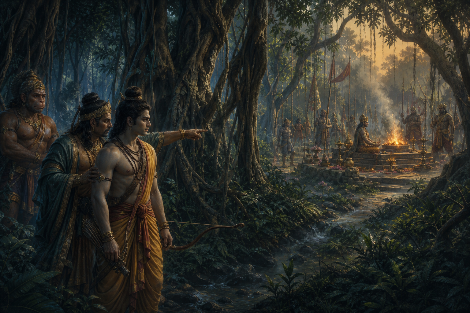 Vibhishana points out Indrajit's unfinished forest yagna as Lakshmana listens with Hanuman and vanara warriors nearby.