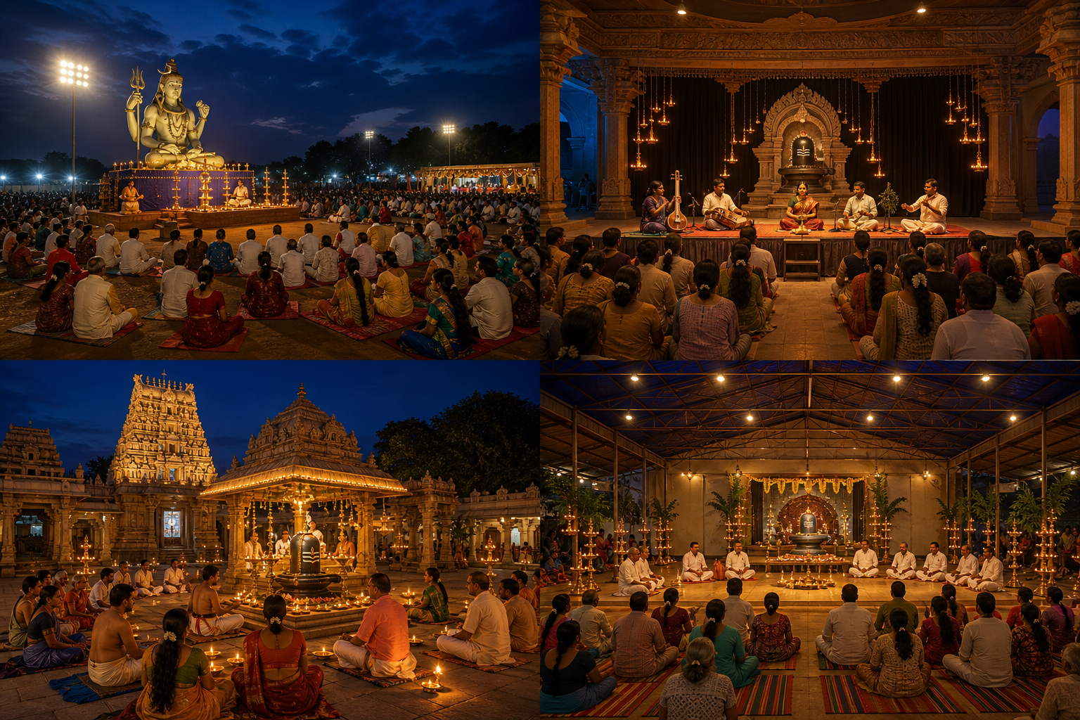 Four separate Tirupati venues host parallel evening devotional and cultural gatherings under a shared night sky.