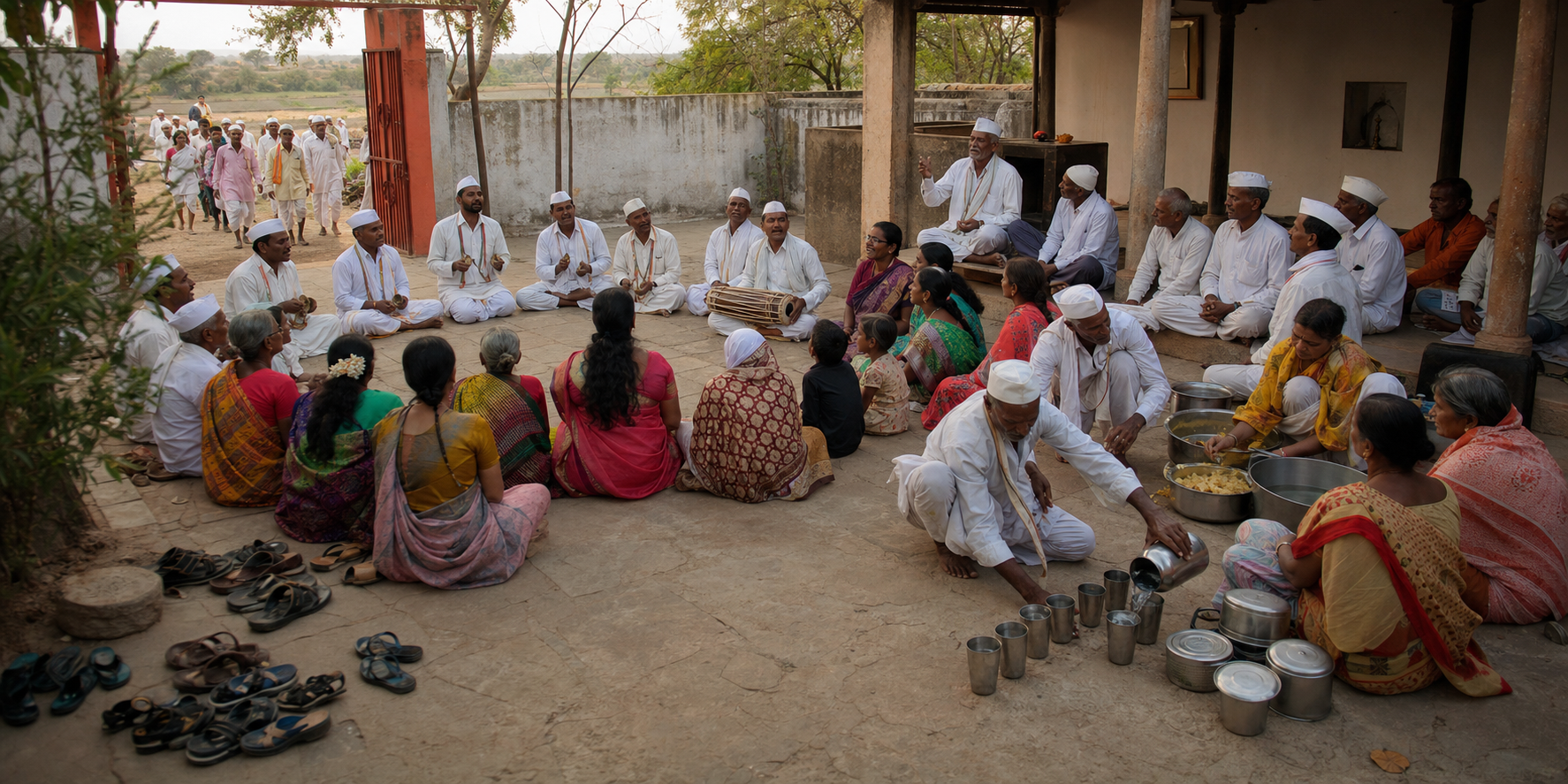 A Varkari community sings in a temple courtyard while others listen, prepare food, serve water, and arrive on foot.
