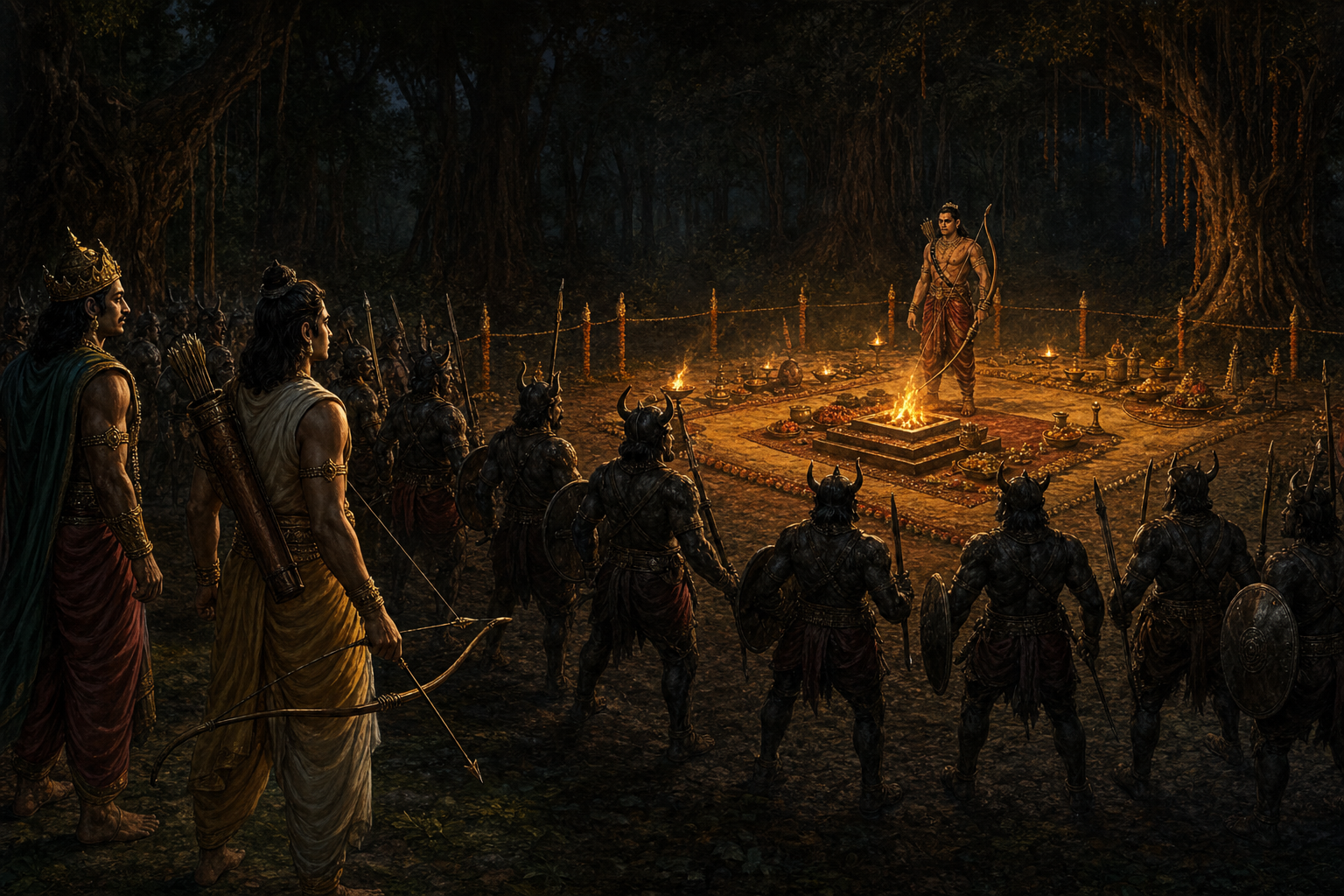 Lakshmana faces an armed Indrajit outside an intact but unfinished ritual clearing at Nikumbila, with Vibhishana and rakshasa guards present.
