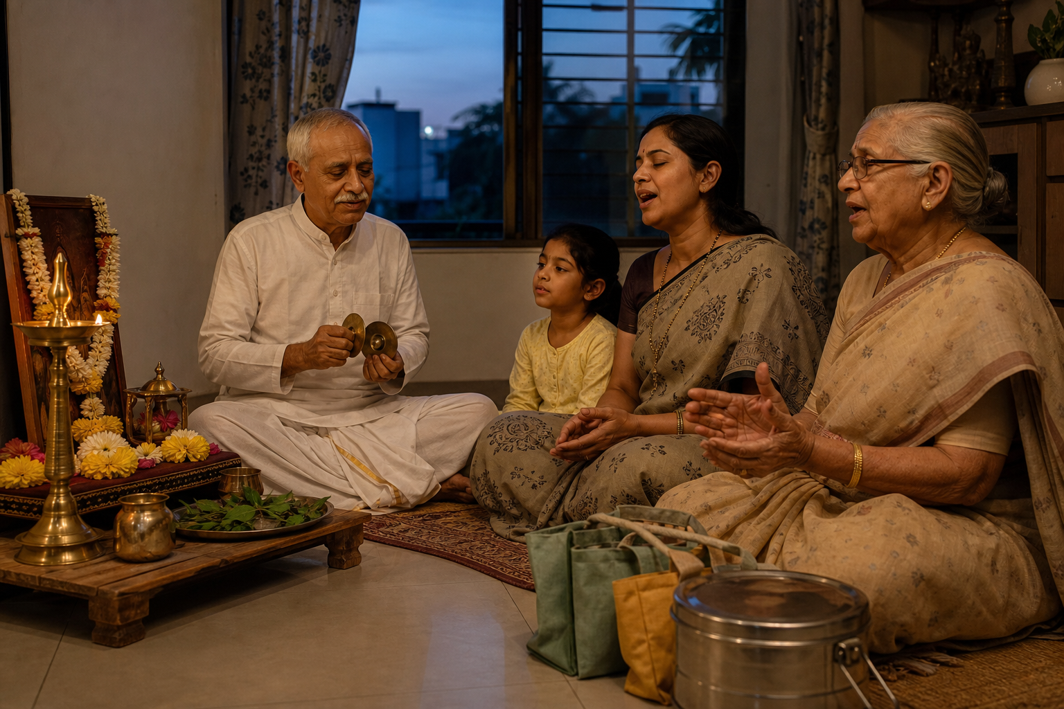 Three generations hold a simple home devotion with an oil lamp and hand cymbals beside food prepared for neighbors.