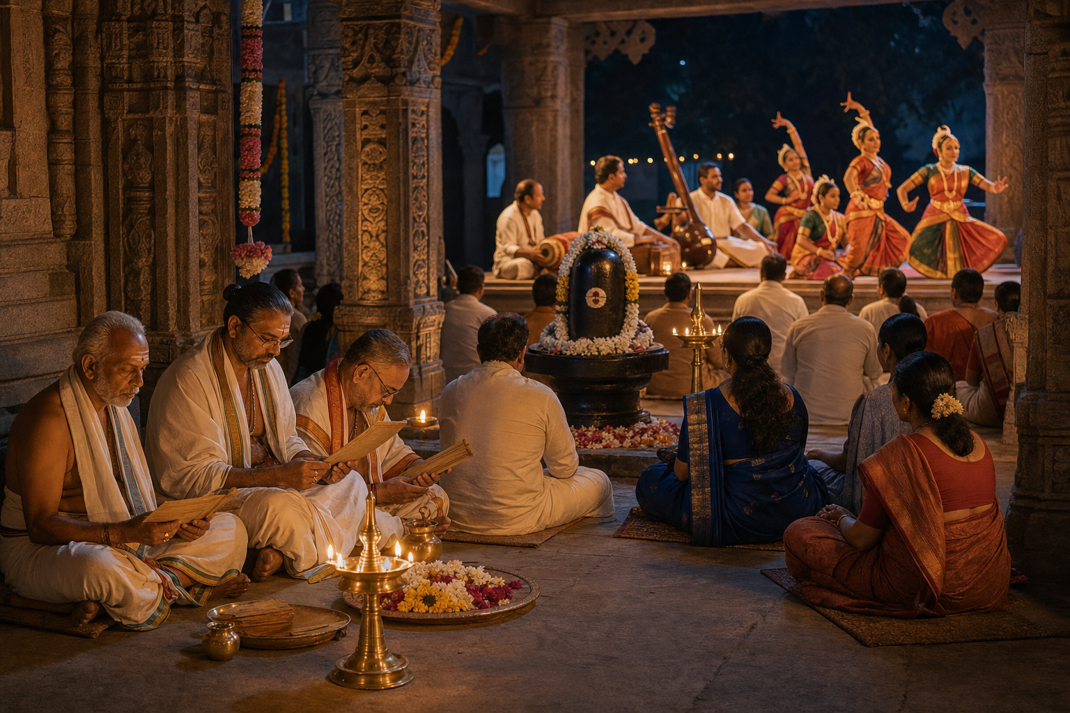 Devotees recite, meditate before a Shiva lingam, and watch classical performers during an evening observance.