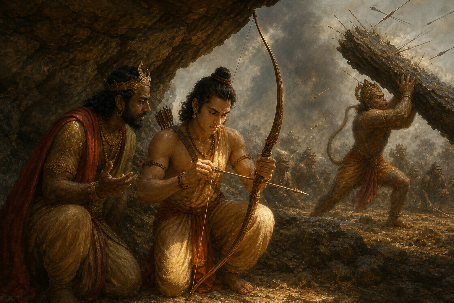 Lakshmana calmly prepares his bow while Vibhishana advises him and Hanuman shields their companions on the battlefield.