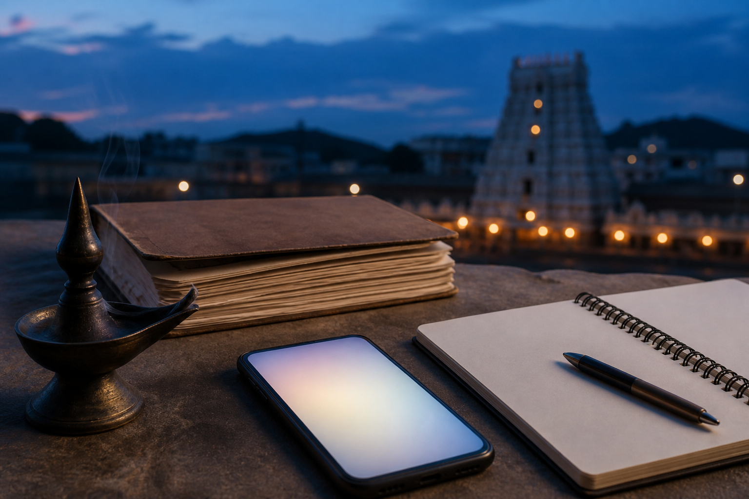 A closed calendar, an extinguished oil lamp, a phone, and a notebook symbolize checking current details before planning a future visit.