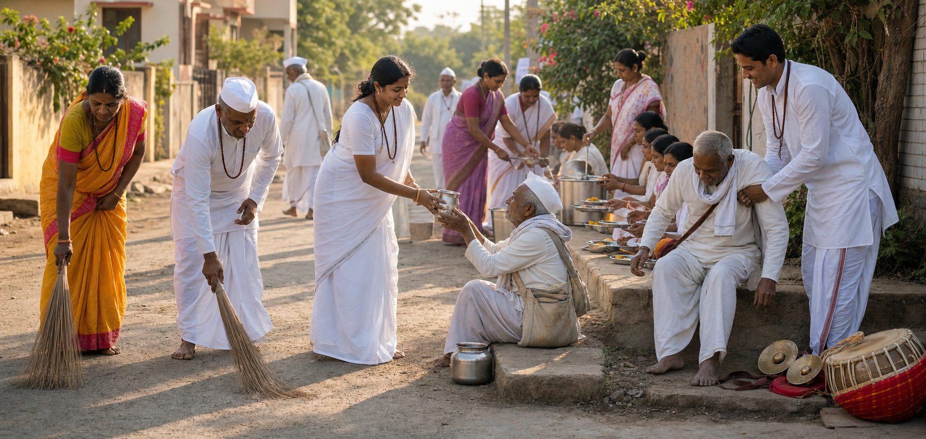 Varkari volunteers sweep a village path, serve water and food, and assist an elderly traveler after a devotional gathering.