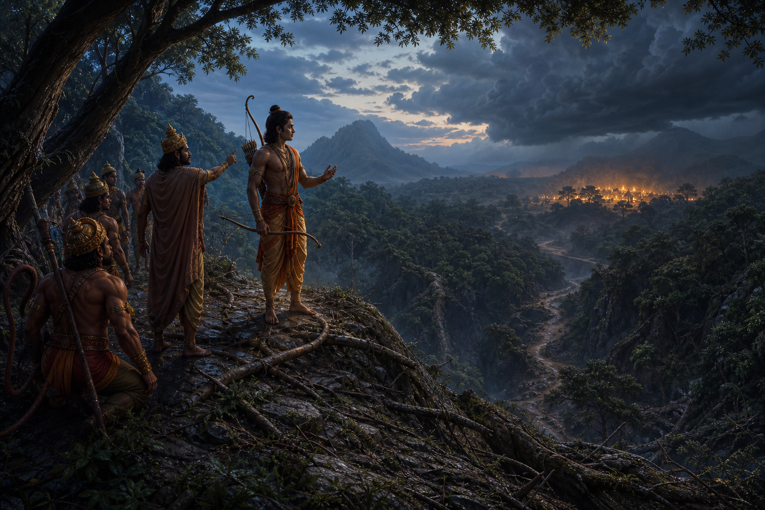 Lakshmana studies several forest routes as Vibhishana points to a narrow path toward the firelit Nikumbila grove and Hanuman prepares to move.