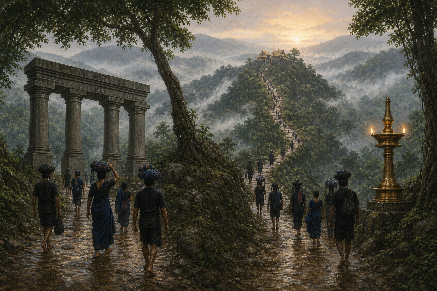 Pilgrims walk through misty Kerala hills toward a distant temple as a divided path passes courthouse columns and a brass oil lamp before rejoining.