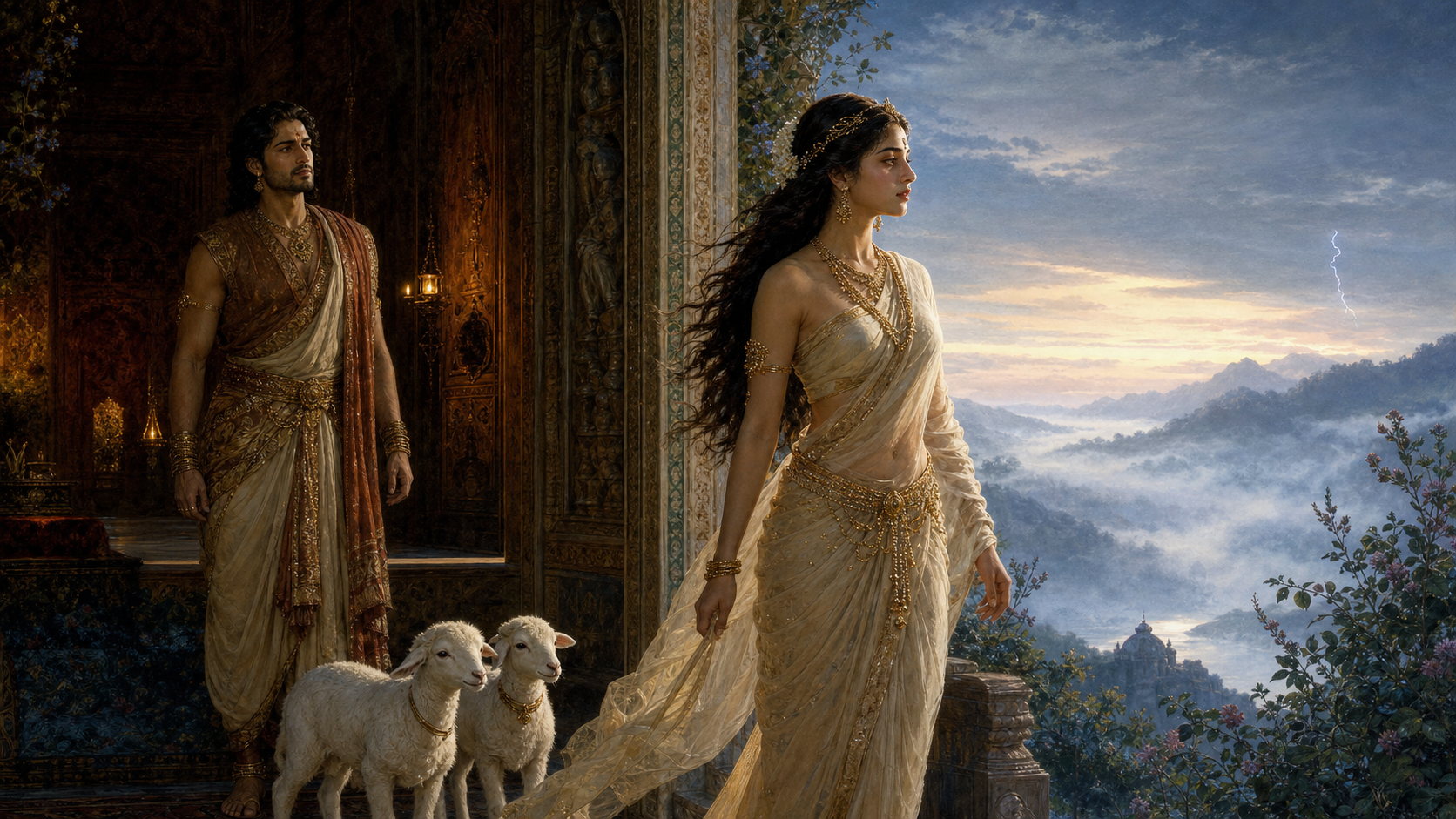 Urvashi stands calmly at the open threshold of a royal pavilion while Pururava remains behind her, with two lambs nearby and dawn light beyond.