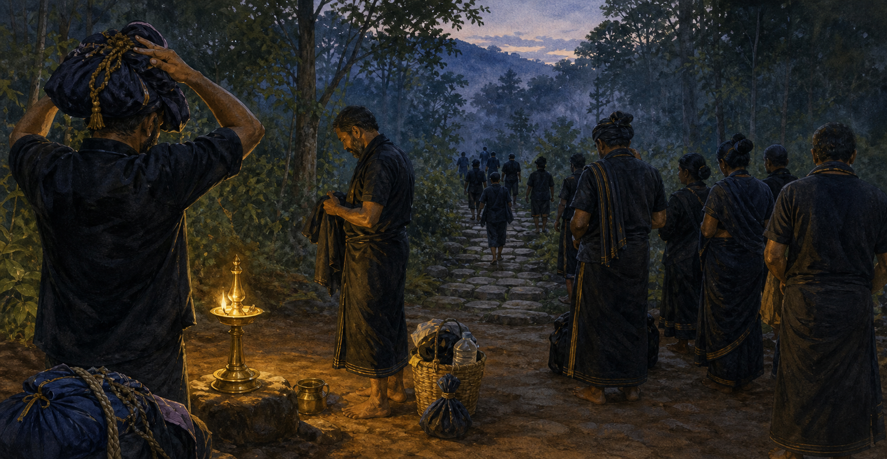 Devotees in dark pilgrimage clothing prepare beside a forest path before dawn, lit by a small brass oil lamp.