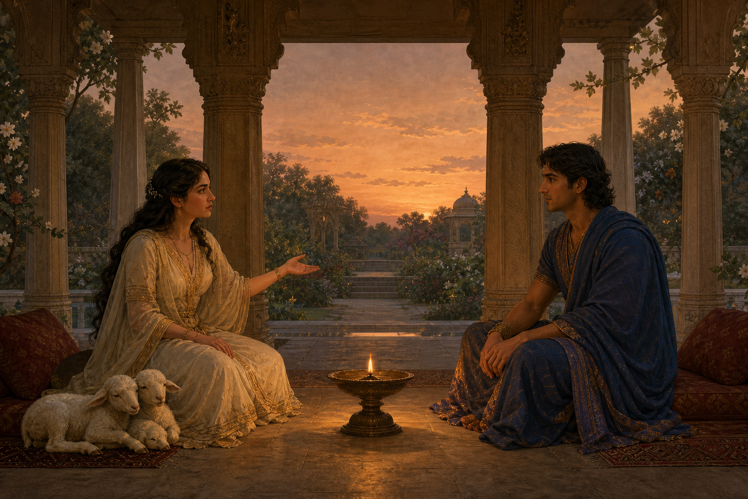 Urvashi and Pururava sit opposite each other across an oil lamp in an open pavilion as she gestures and he listens, with two lambs resting nearby.