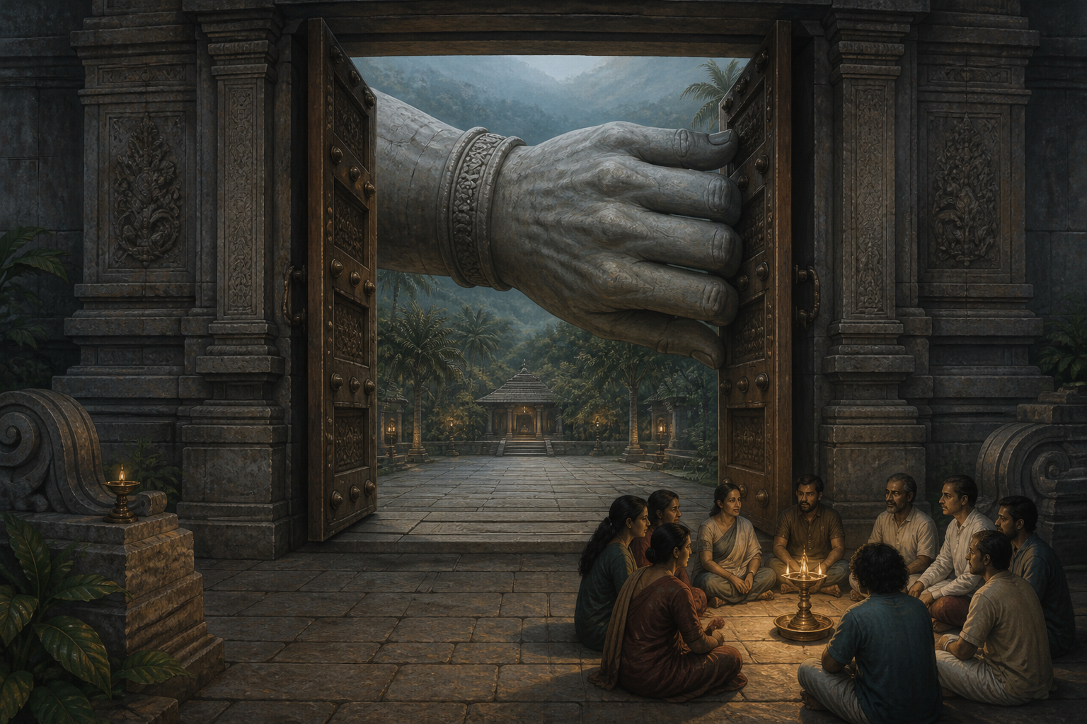 A stone hand holds open a temple gate while community members sit in discussion around a brass lamp beside the threshold.