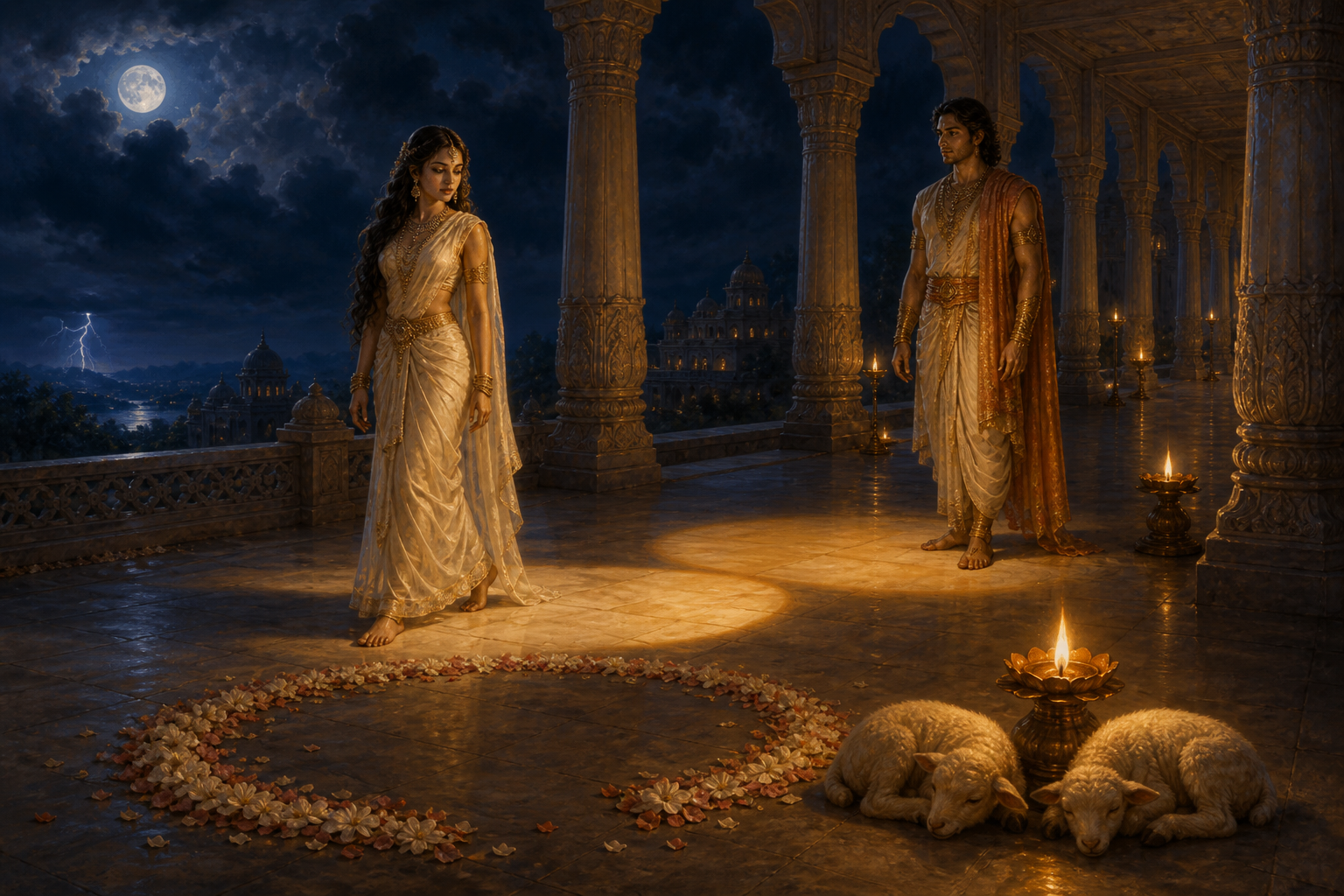 Urvashi pauses at the open edge of a flower-petal circle while Pururava stands at a respectful distance in a moonlit colonnade with two lambs and an oil lamp.