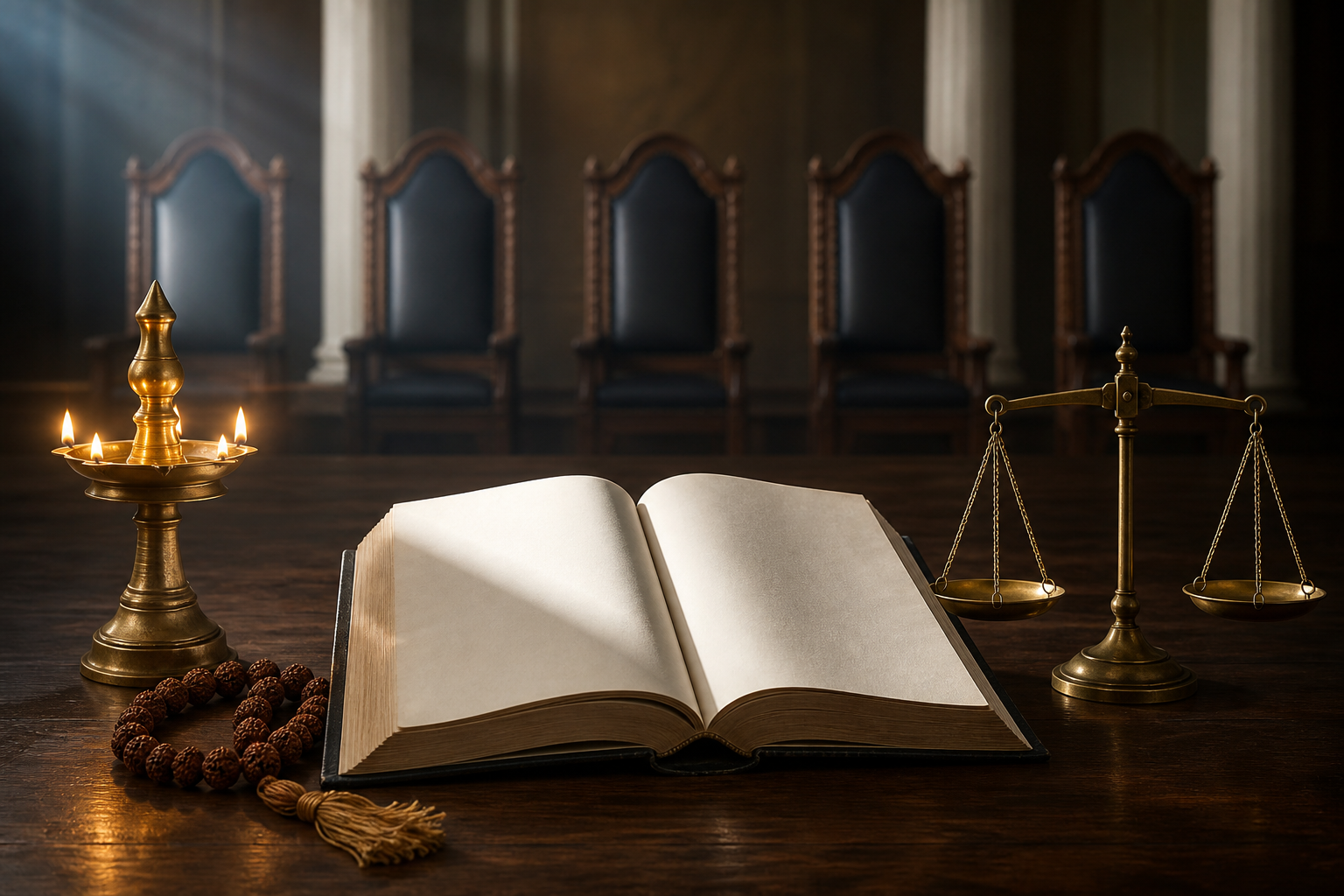 An open blank legal volume, a brass temple lamp, prayer beads, and a balanced scale sit before five empty judicial chairs.