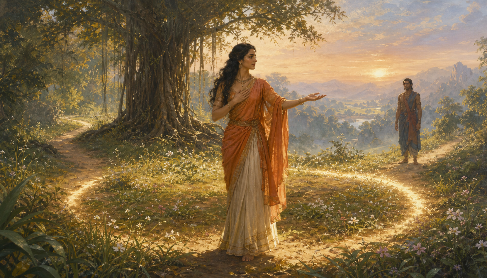 Urvashi stands within a circle of dawn light in a forest clearing while Pururava remains at the edge and open paths extend around them.