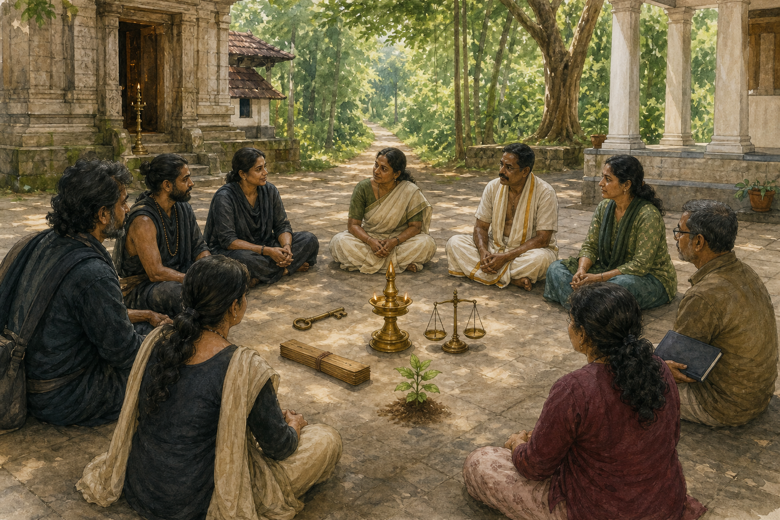 Devotees, women, a temple functionary, and a legal scholar sit in a circle around a brass lamp, a key, a scale, and a sapling.
