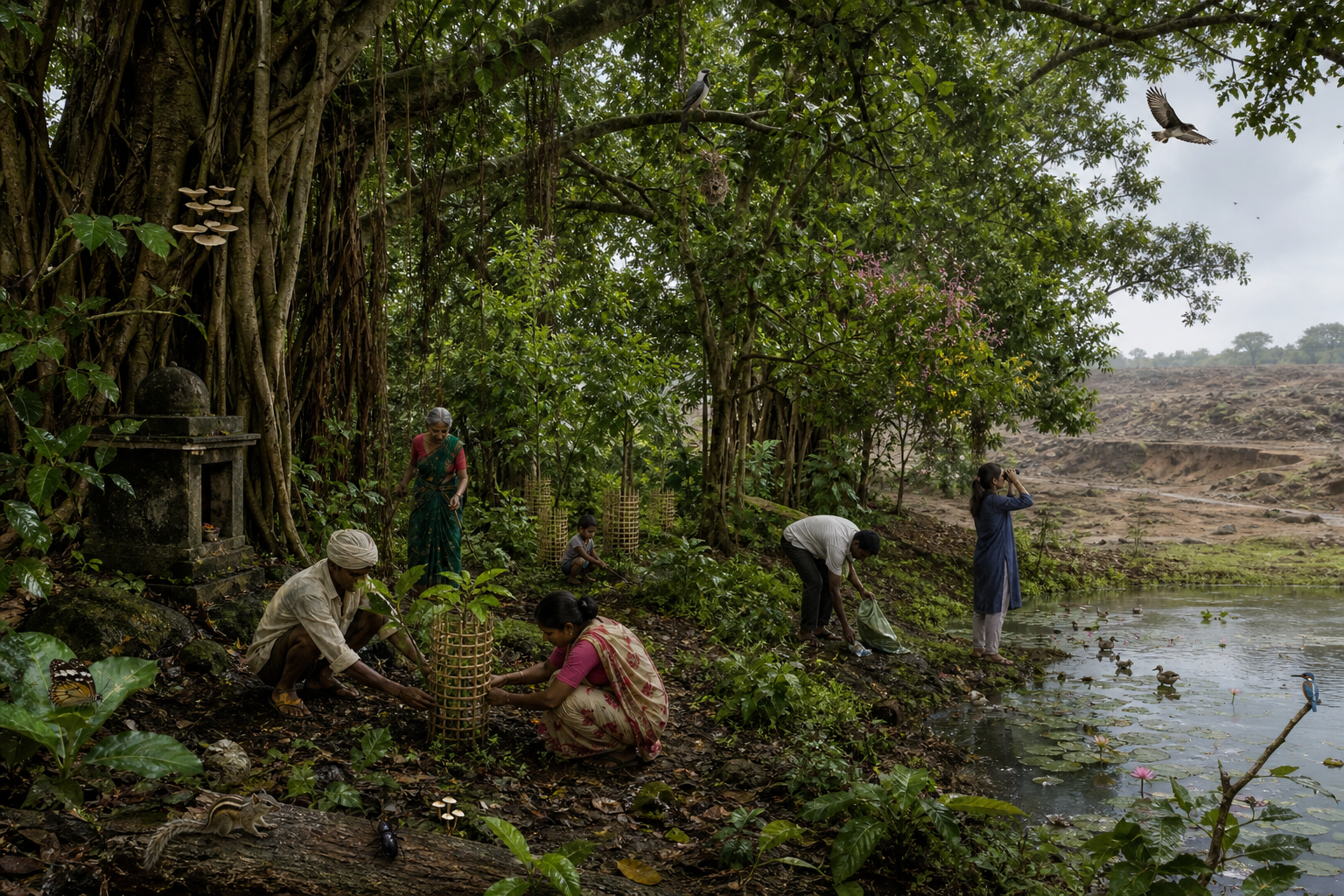 Community caretakers plant saplings and clean a pond in a biodiverse sacred grove with mature trees, birds, insects, and a small stone shrine.