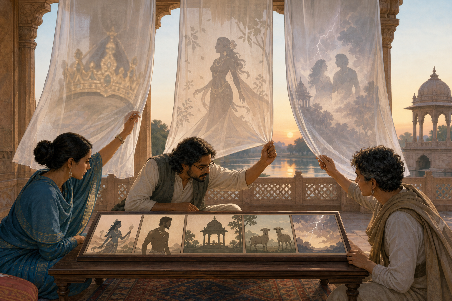Three readers examine wordless painted panels of Urvashi and Pururava while translucent veils distort nearby versions of the same scene.