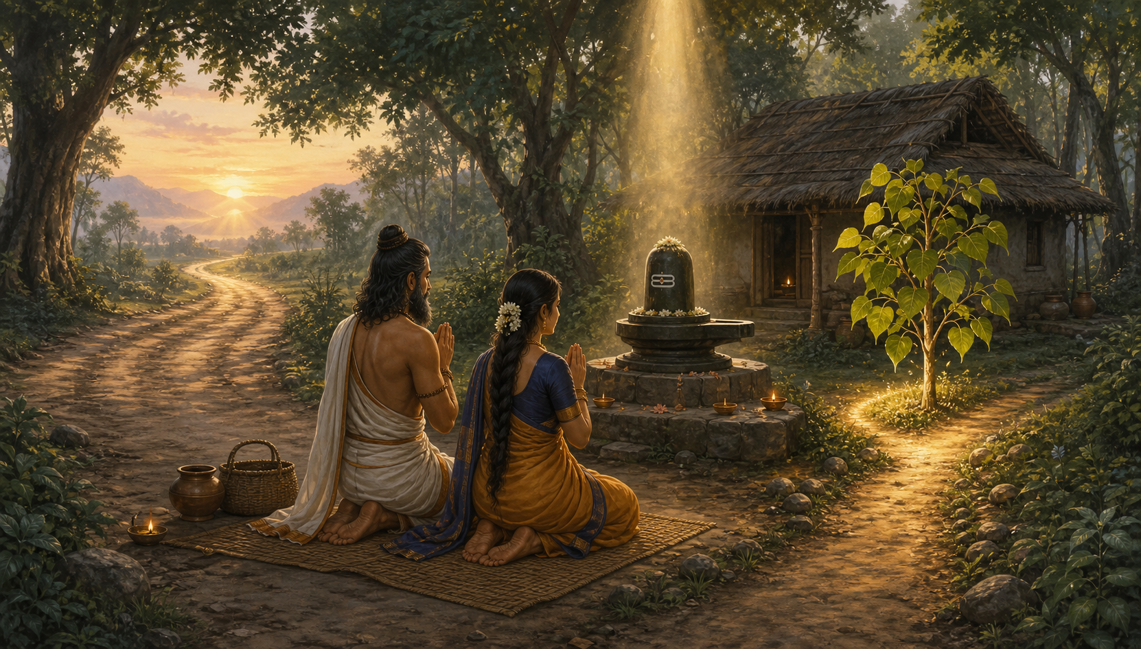 Mrikandu and Marudvati contemplate two diverging paths while praying before a Shiva lingam in a forest hermitage.