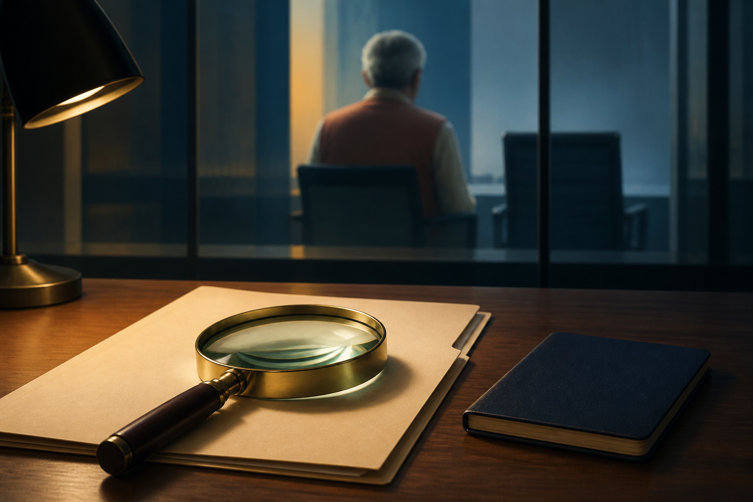 An unmarked document, magnifying glass, and closed passport sit on a review desk while a senior civic leader is seen from behind beyond a glass partition.