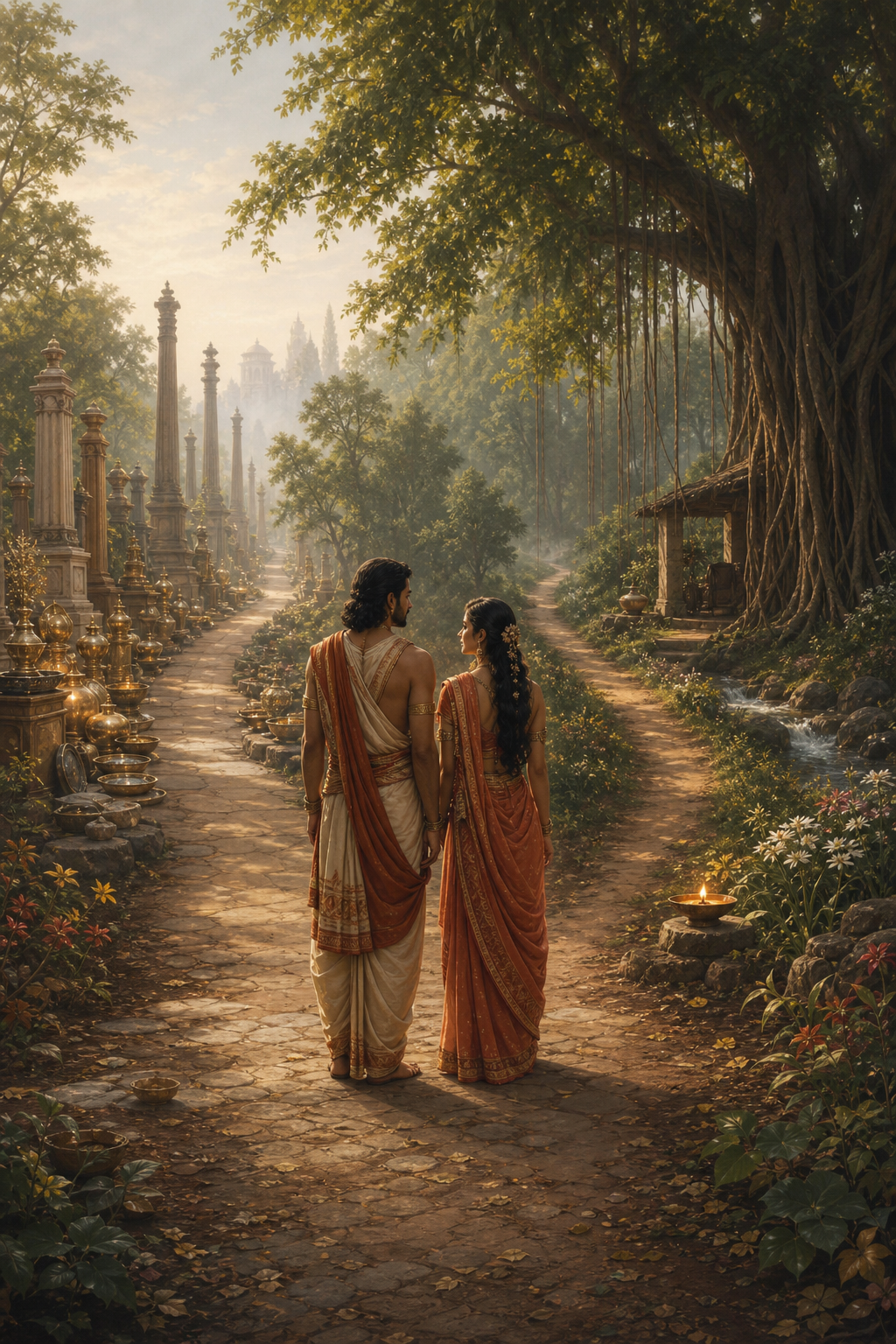 An ancient Indian couple pauses where a long ornate path and a shorter lamp-lit path diverge in a forest.