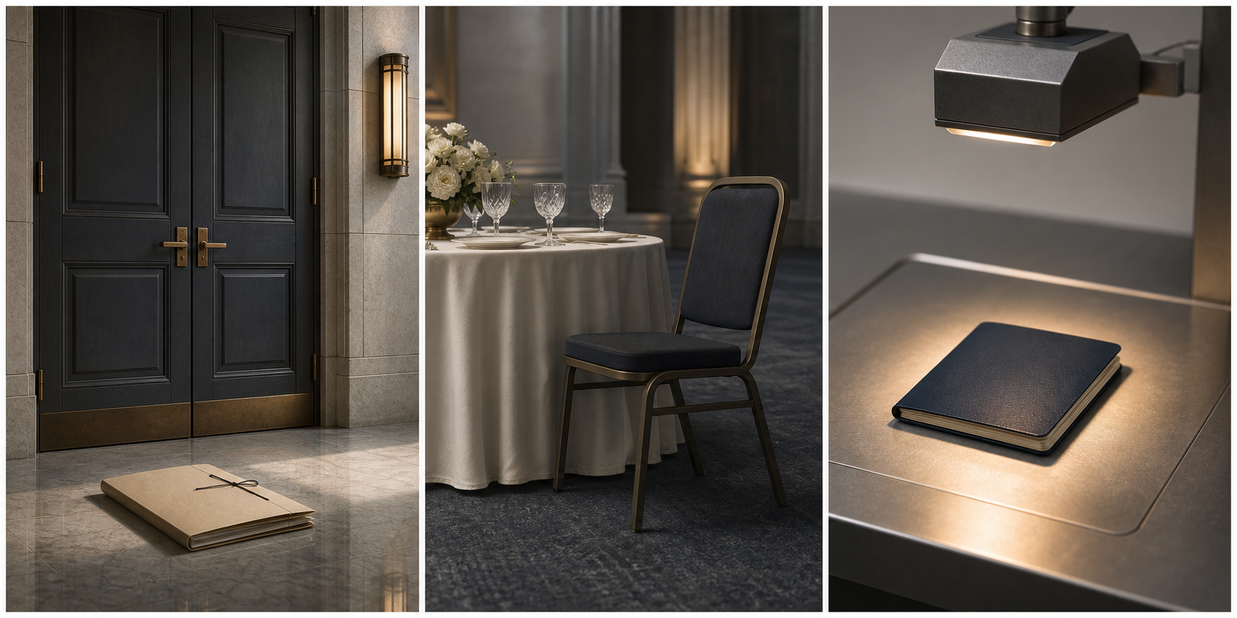 Three separated panels show a recommendation dossier, an empty diplomatic chair, and a passport under a border inspection lamp.