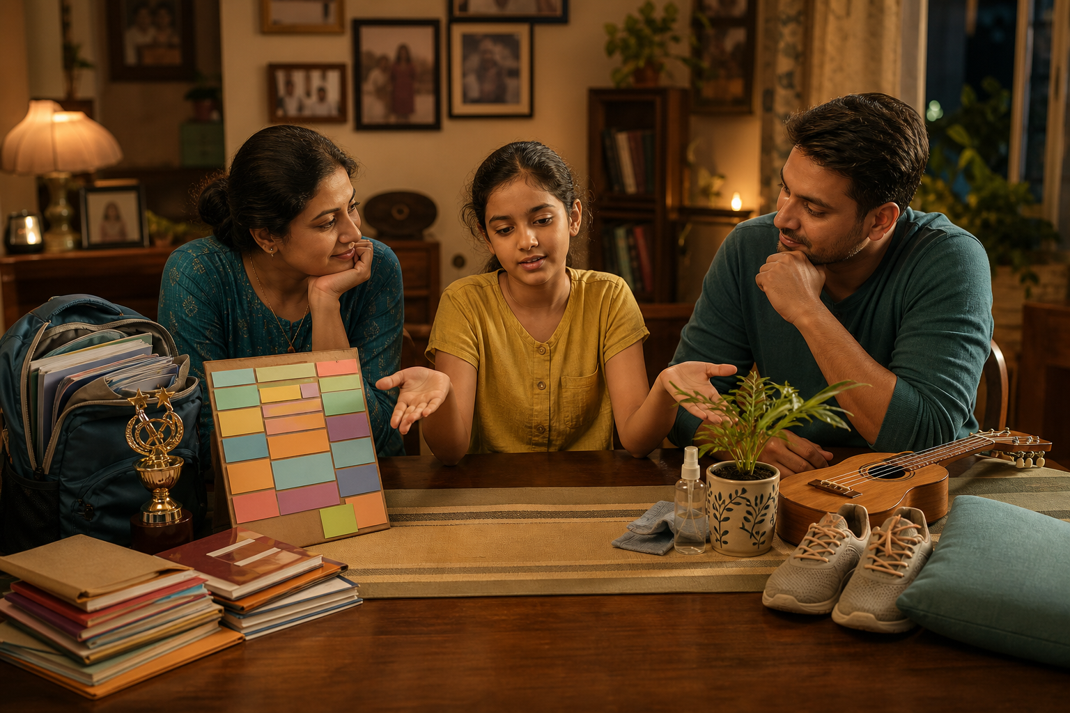 Two parents listen to their child while discussing school, activities, rest and personal interests around a dining table.