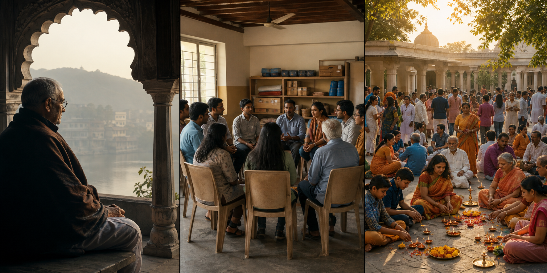 A triptych separately depicts one elder civic figure, a volunteer organization meeting, and a diverse Hindu community gathering.