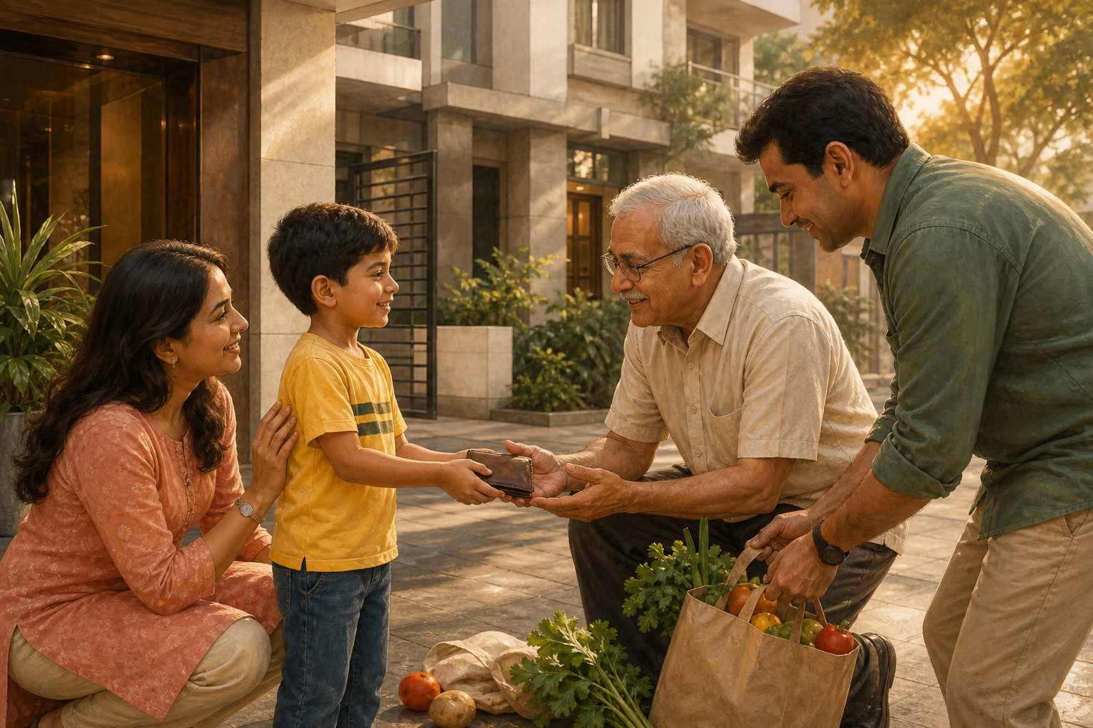 A child returns a dropped wallet to an elderly neighbor as the child's parents help and respond with pride.