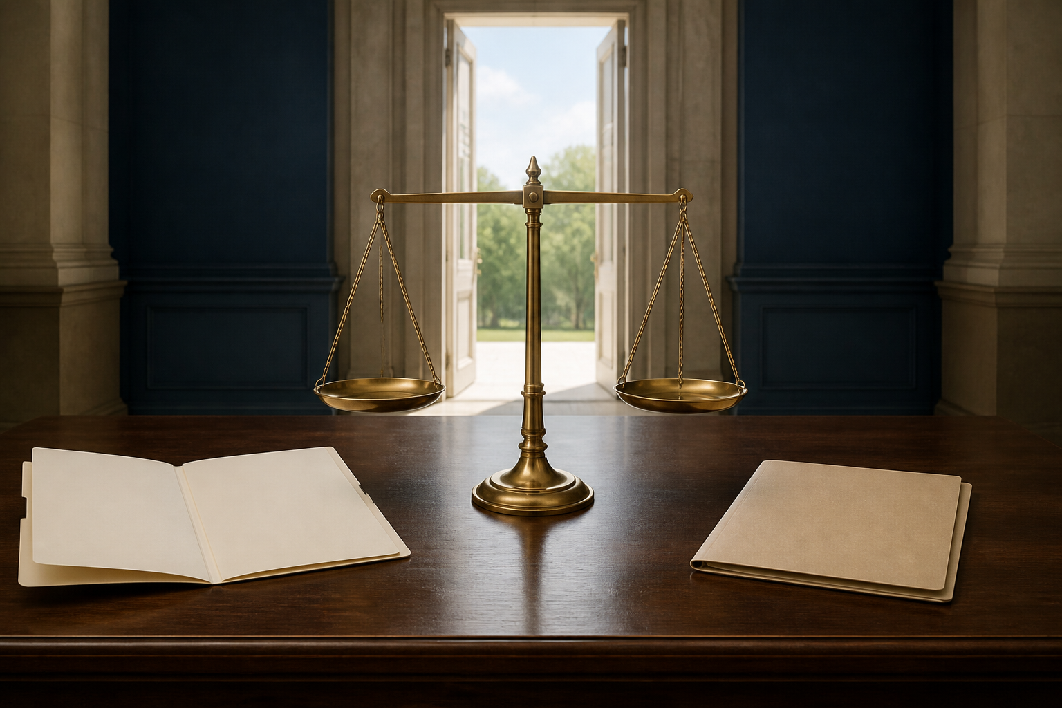 A balanced brass scale stands between an open evidence folder and a sealed file in a daylight-filled institutional room.
