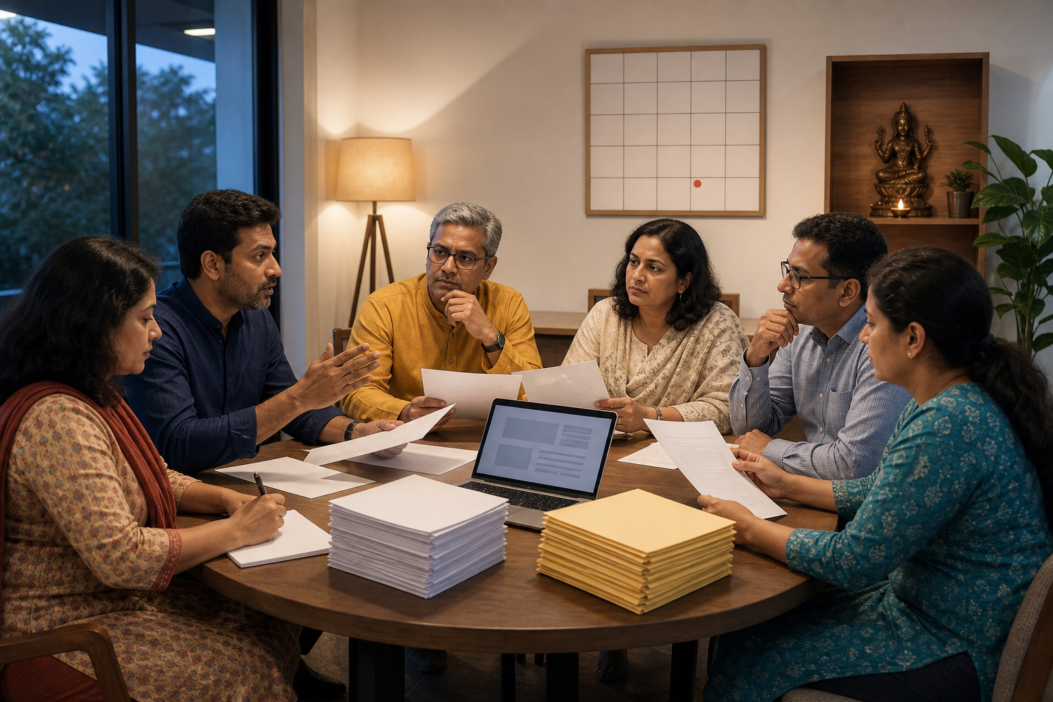 Community volunteers compare unmarked documents and organize source materials around a meeting table beside an unlabeled calendar.