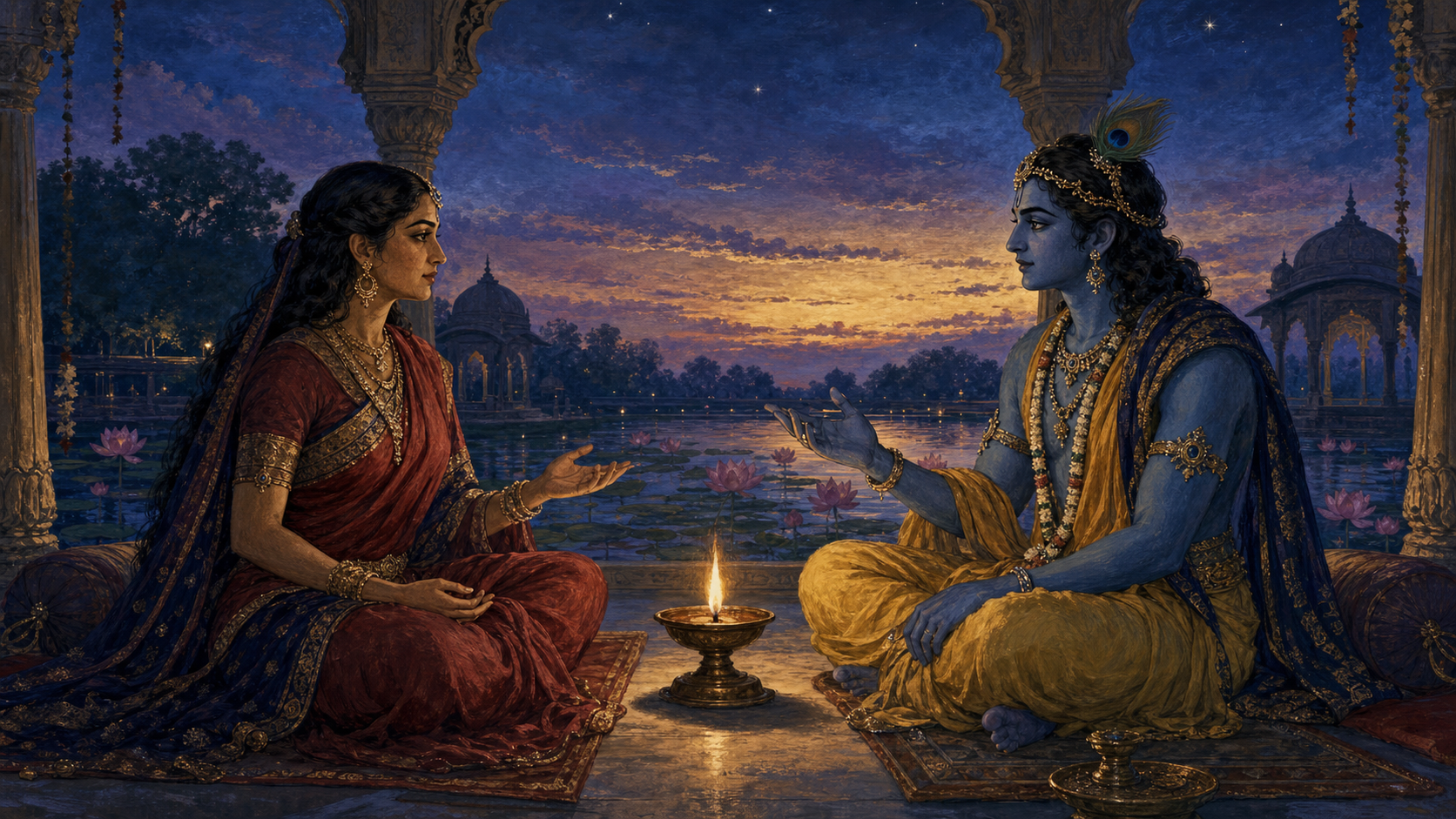 Draupadi and Krishna sit at equal height in a twilight pavilion, speaking beside a glowing oil lamp and lotus pond.
