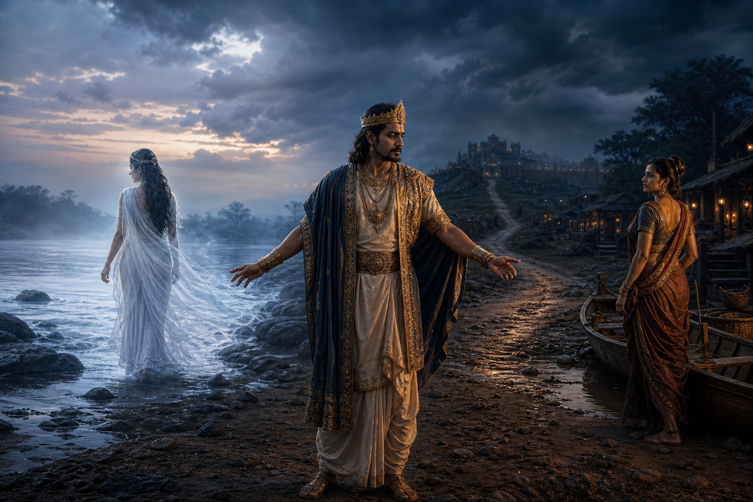 King Shantanu stands at a twilight riverbank between a luminous woman near the Ganga and a fisherwoman beside a wooden boat, while the road to his kingdom recedes into shadow.