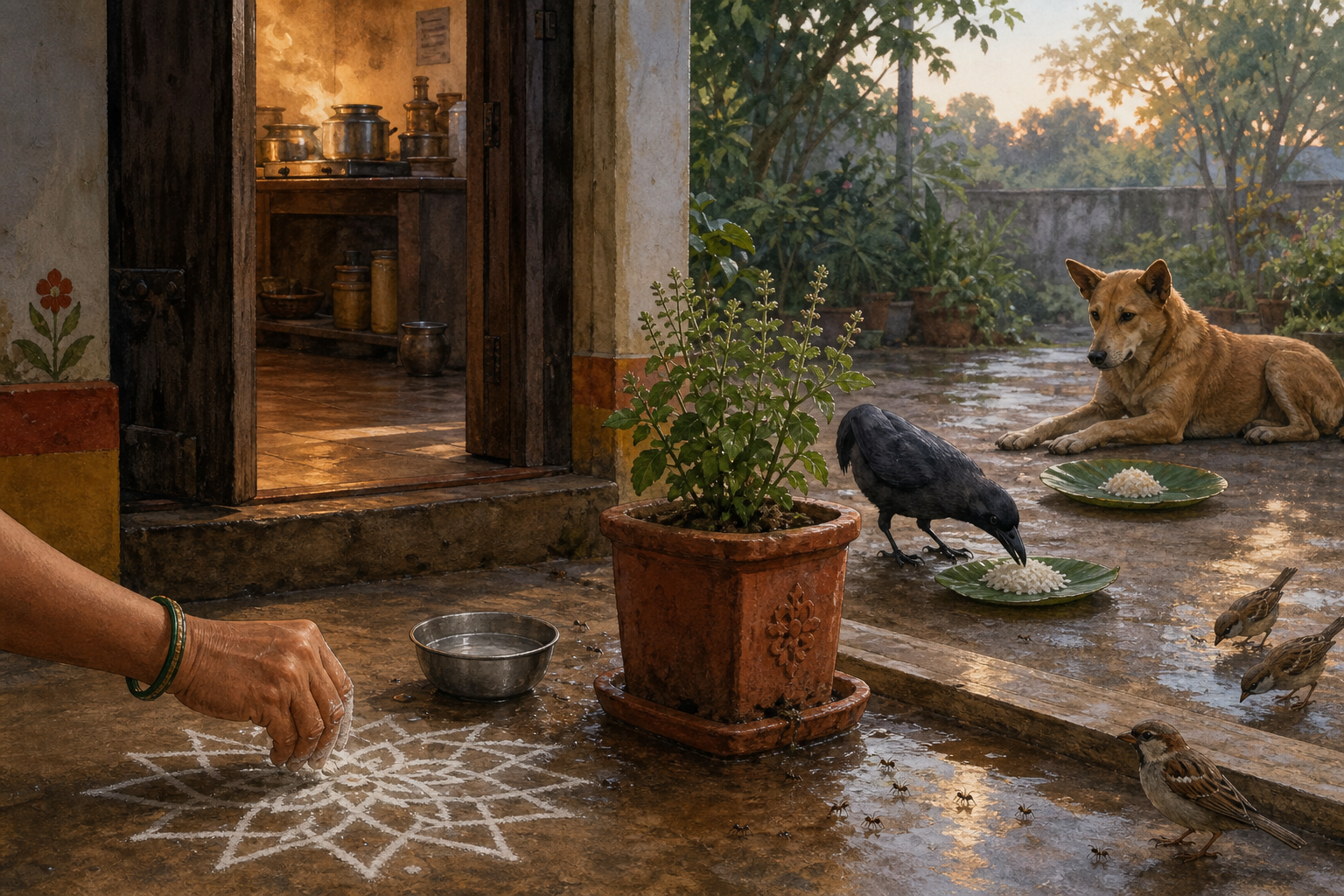 At an Indian home's open threshold, a person makes a rice-flour floor pattern near water, a sacred basil plant, a crow, sparrows, and a waiting dog at dawn.