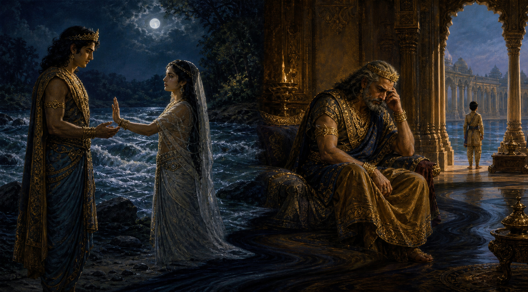 Two-part scene showing Shantanu silently accepting a condition beside a river and later grieving alone in a palace while a young prince stands in the distance.