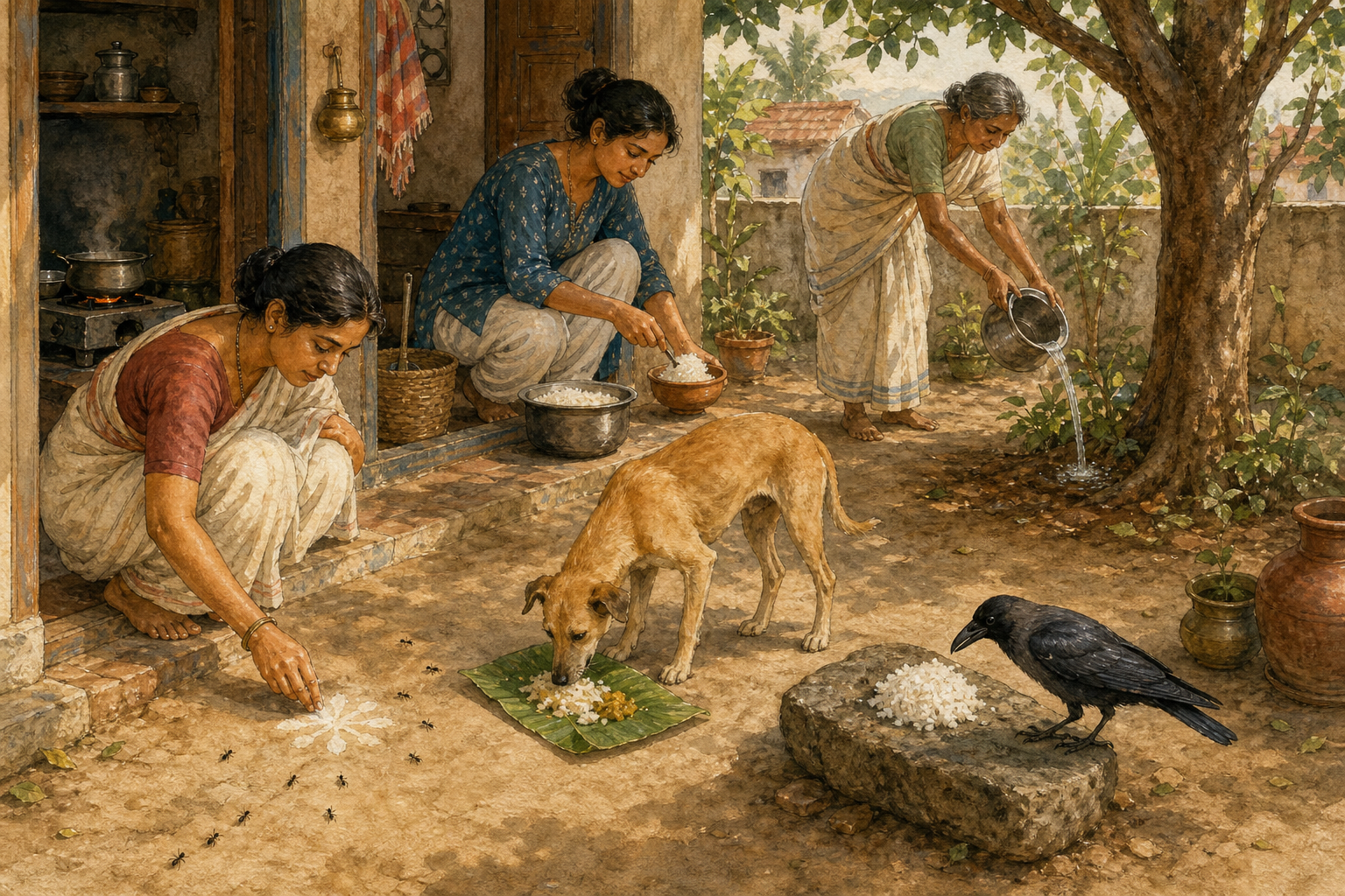 Five household acts share food and water with ants, a dog, a crow, and a courtyard tree in an Indian domestic setting.