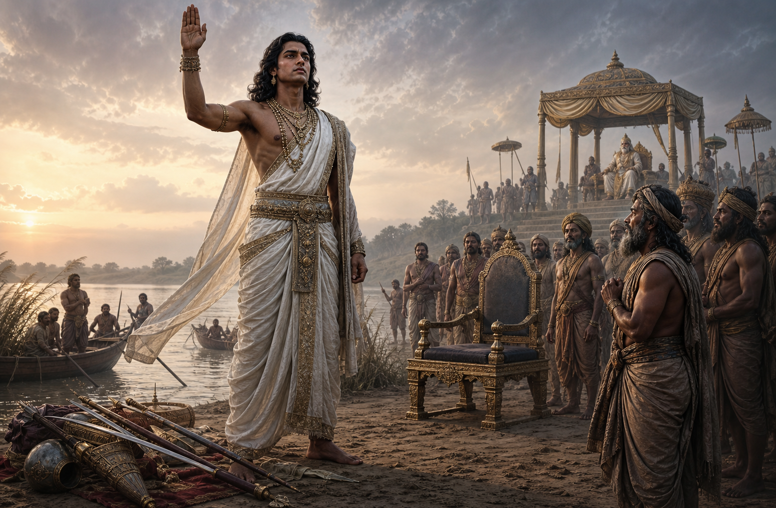 Devavrata raises his hand in a vow before a fisher chief as his weapons and an empty ceremonial seat lie nearby, while Shantanu watches from a distance.