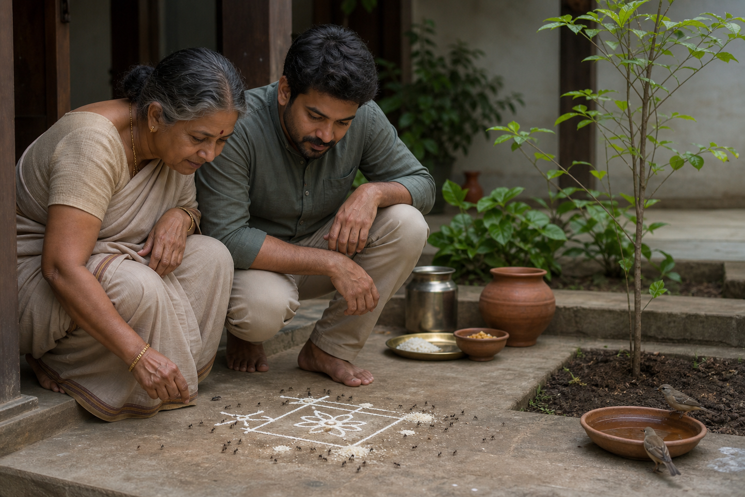 Two family members observe ants at a rice-flour threshold design beside reusable vessels, a bird-water bowl, and a native sapling.