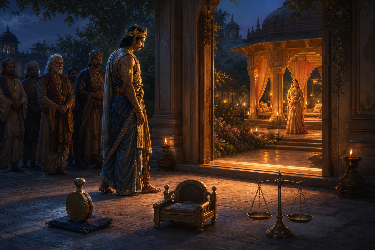 Shantanu pauses at a palace threshold beside a royal seal, an empty child's seat and balanced bronze scales while advisers wait behind him.