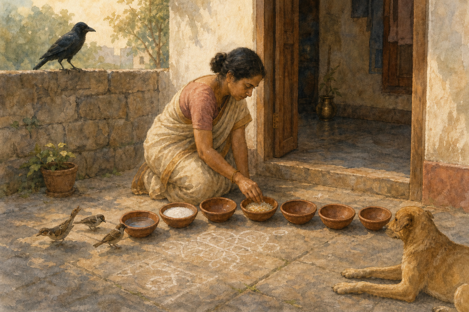 A resident refreshes a modest threshold offering beside seven reusable clay bowls as birds and a resting dog gather nearby.