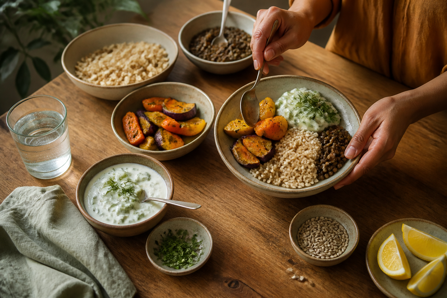 Hands assemble a bowl of brown rice, lentils, roasted vegetables, cucumber yogurt, herbs, and seeds on a wooden table.