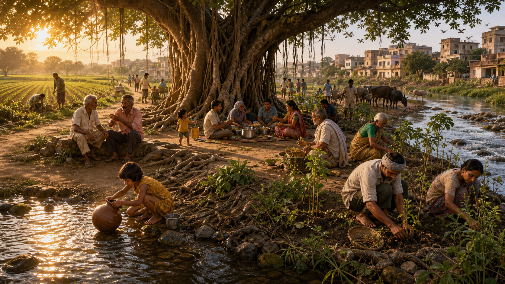 People gather, serve food, plant saplings, and care for a river beneath a large banyan tree in a landscape shared with farms, homes, birds, cattle, and fish.