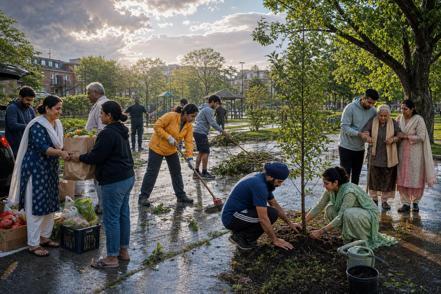 Volunteers distribute groceries, clear a park walkway, plant a tree, and help an older neighbor after rain.